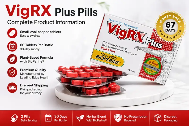 VigRX Plus pills tablets showing product packaging, 60-count bottle supply, and plant-based male enhancement supplement