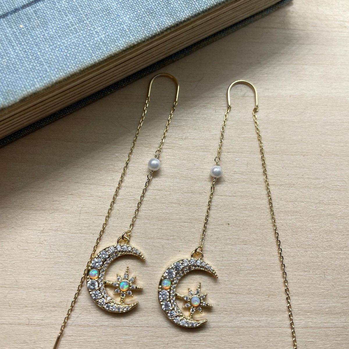 Crescent moon and opal threader earrings